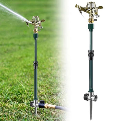Impact Pulsating Sprinkler with 16-30" Adjustable Aluminum Sprinkler Riser, Heavy Duty Water Sprinklers Head with Aluminum Alloy Spike Base, Pulsating Sprinklers for Large Area Lawn Patio Garden