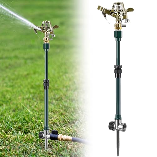 Impact Pulsating Sprinkler with 16-30" Adjustable Aluminum Sprinkler Riser, Heavy Duty Water Sprinklers Head with Aluminum Alloy Spike Base, Pulsating Sprinklers for Large Area Lawn Patio Garden