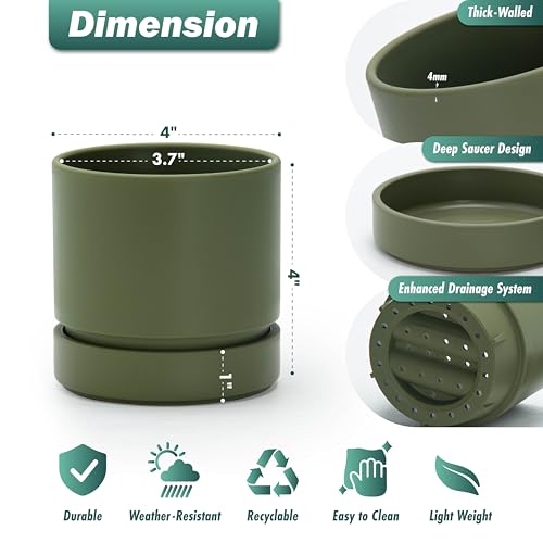 Phoenix Vine 4 Inch Planter Pot with Drainage Hole & Saucer, Deep Water Catch Tray, Straight Cylindrical Round Pot for Plants, Olive, Pack of 2, 23-D-R-2 - color: Olive, size: 4" (2 Pack)