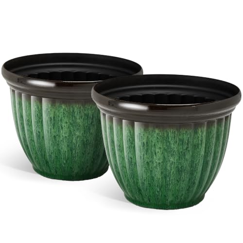 Autodaya 15" Large Planters For Outdoor Plants Set Of 2 Plastic Flower Pots - color: 15"-gradient Emerald Green With Black Rim