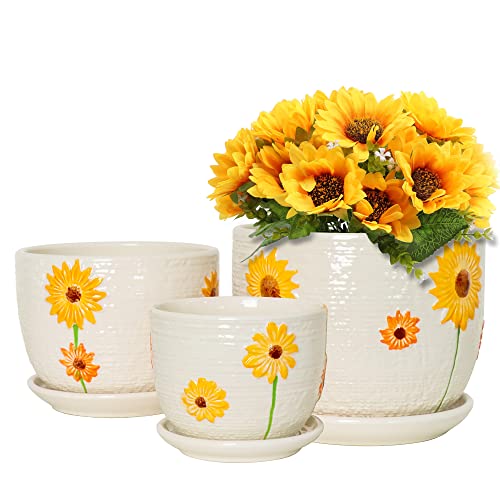 Ceramic Plant Pots,Sunflower Planters with Drainage Holes & Matching Saucer - color: White and Yellow