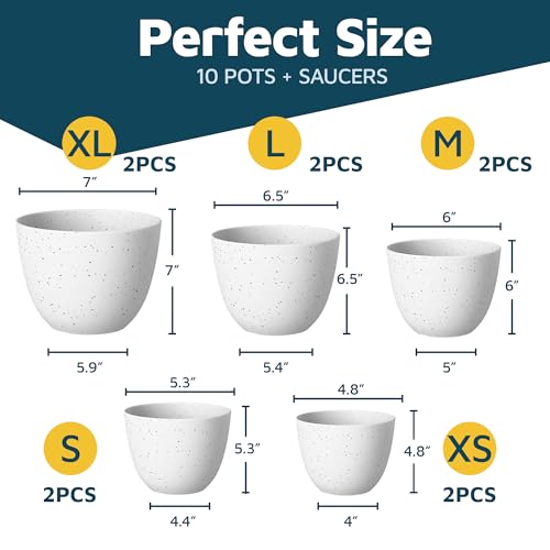 White Gray Plant Pots with Drainage Holes & Saucers 10 Pack, Indoor & Outdoor Stackable Space-Saving Planters for Houseplants & Flowers, (7", 6.7", 6", 5.3", and 4.8" Inches), Durable & Weatherproof