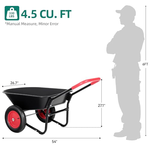 Autodaya Dual-Wheel Garden Cart, 14" Pneumatic Tires & Built-in Stand, 4.5 Cu Ft Utility Yard Wheelbarrow for Gardening, Soil, Construction, Easy Assembly,Red - color: 330lb|red-4.5 Cu Ft