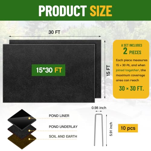 Fanfanwin 30 x 30 ft Pond Liner Underlayment with 10 U-pins, 6oz, Black - color: Black, size: 30 x 30 Feet X 6 oz, style: Square