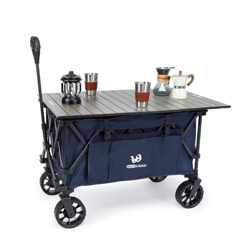 Whitsunday Folding Collapsible Utility Wagon, 400Lbs Heavy Duty Outdoor Park Beach Wagon with Table and Side Pocket for Garden Camping Sports Shopping Dark Blue - color: Dark Blue