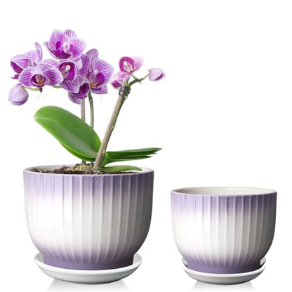 Ceramic Plant Pots, Purple + White, 6.7 + 5.5 Inch, Set of 2 - color: Purple + White
