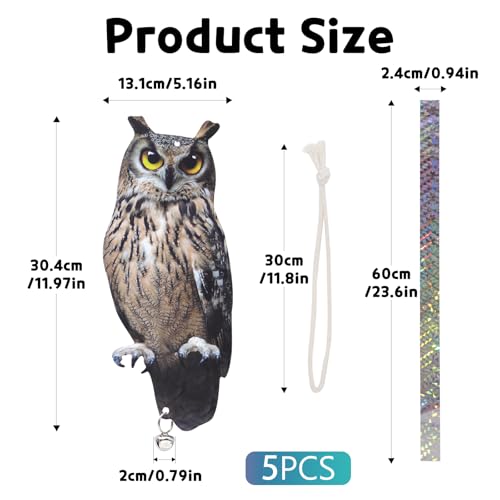 5PCS Flat Hanging Fake Owl to Scare Pigeon Away from Patio - color: Grey Owl 5pcs