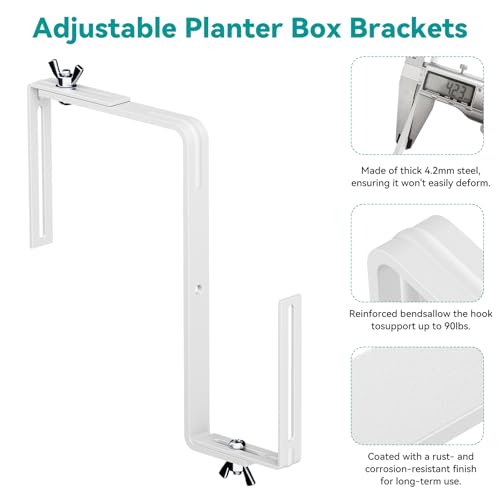 Adjustable Planter Box Brackets,Enhanced Bottom Support,Universal Outdoor Hanging Brackets,Flower Box Brackets for Fence Railings, Windowsill, Patio, Garden,Balcony. (White) - color: White