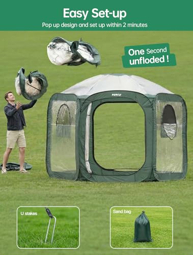 Porayhut Pop up Greenhouse Tent,Portable Large Walk-in Plant House 10’X10’ ,Indoor Outdoor Gardening Plant Sunshine Room with PVC Mesh Cloth Cover for Protecting Plant from Cold Frost & Birds - style: 90.6"Tall Green Greenhouse