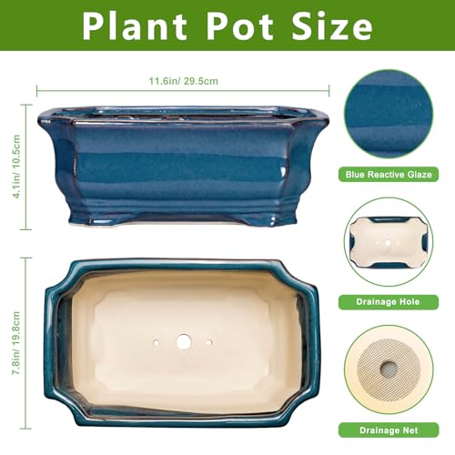 Bonsai Pots 11.6 Inch - Ceramic Succulent Pots with Drainage Hole, Rectangular Planter for Indoor Outdoor, Decorative Ceramic Flower Pot, Home Garden Room Decor, Plant Lover Gifts, Retro Blue - color: Rectangular Blue, size: 11 Inch