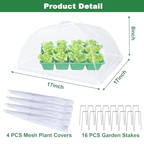 4 Packs Mesh Plant Cover with Ground Stakes, Pop-up Mesh Plant Protector