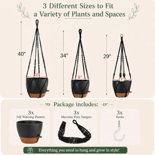 3 Pack Large Hanging Planters for Indoor Plants with Macrame Plant Hangers - color: Black, size: Large