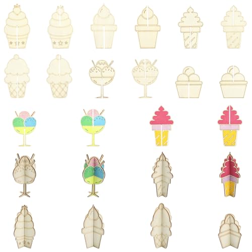 Ipotkitt 24pcs 6 Styles DIY 3D Ice Cream Wood Crafts to Paint Unfinished Wood Dessert Slices Food Wooden Table Decorations Wooden Ornaments for Painting DIY Art Craft Decorations - color: Unfinished Wood Dessert Slices_24pcs
