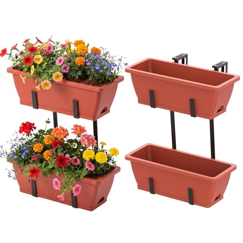 CADUKE Railing Planters Outdoor Balcony, 16.9" Hanging Flower Pots, Fence Planters for Deck Patio Garden with Drain Holes & Detachable Hooks, Red - color: Red