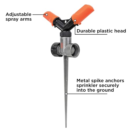 Black + Decker® 2-Arm Spinning Sprinkler with Zinc Spike – Compact, Adjustable, Secure Placement, 1,905 sq. ft. Lawn Coverage BD59412