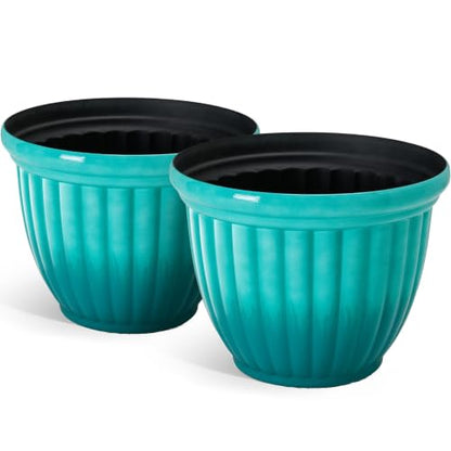 Autodaya 15" Large Planters For Outdoor Plants Set Of 2 Plastic Flower Pots - color: 15"-gradient Teal Green