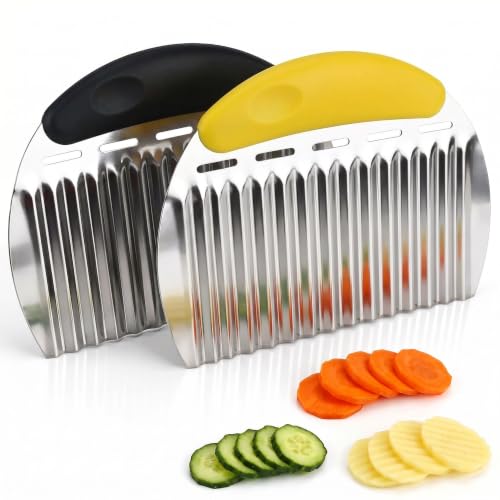 Crinkle Cutter French Fry Cutter, 2 Pack Stainless Steel Wavy Potato Slicer - color: Black & Yellow