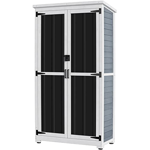 GDLF Outdoor Storage Cabinet, Wood & Metal Garden Shed, Tall Tool Organizer - color: Grey/Black, size: 65.5"H