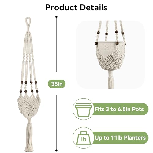 USLAI Macrame Plant Hanger, for Up to 6.5 Inch Pots, 35 Inch, White, 2 Pack - color: 35+35 Inch - White