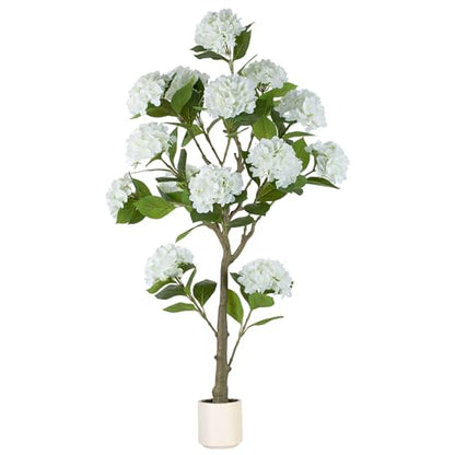 BLOSMON 5ft White Hydrangea Artificial Trees for Front Porch Planters - color: White Hydrangea
