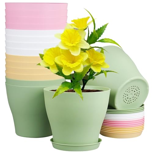 Meowell 6 inch Plastic Nursery Pots, 16 Pack Plant Pots for Small Indoor Outdoor Plants, Flower Pots with Drainage Holes and Saucers, Decorative Seedling Starter Planters for House Plants, Colorful - color: Colorful, size: 6inch B 16pcs