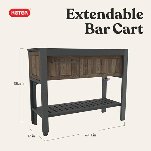 Keter Extendable Outdoor Bar Cart with Hidden Cooler, Storage Drawers & Prep Surface – Mobile Patio Serving Station with Drainage Kit & Hidden Wheels for Backyard, Garden & Poolside Entertaining - color: Extendable Bar Cart Rosewood
