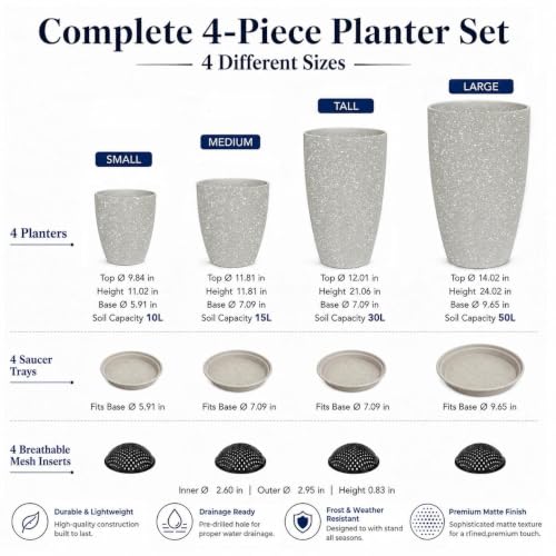 Usocik Large Outdoor Planters, Set of 4, 10/12/21/24 Inch, Sand Matte - color: Speckled Gray Matte