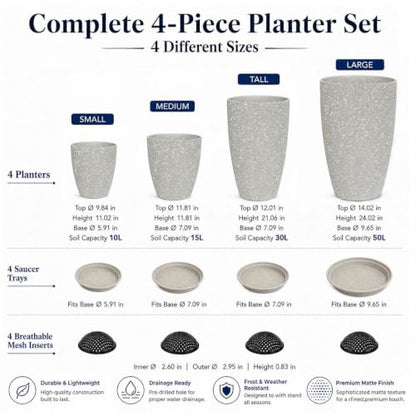 Usocik Large Outdoor Planters, Set of 4, 10/12/21/24 Inch, Sand Matte - color: Speckled Gray Matte