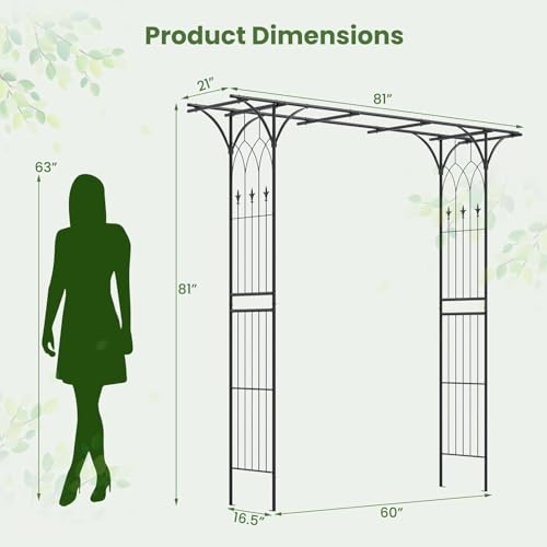 Tangkula 6.7 Ft Garden Arbor, Metal Arch with Trellis for Climbing Plants Outdoor, Decoration Outdoor Garden Archway with Gate for Vines, Flowers, Wedding, Bridal Party, Ceremony