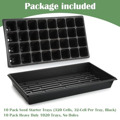 RooTrimmer 10 Pack 1020 Trays No Holes and 10 Pack 4.3" Deep 32 Cell Seed Starter Trays, 20" x 10" - Heavy Duty Plastic Nursery Flats for Seed Germination & Plant Propagation (10 Sets) - size: 32 Cells