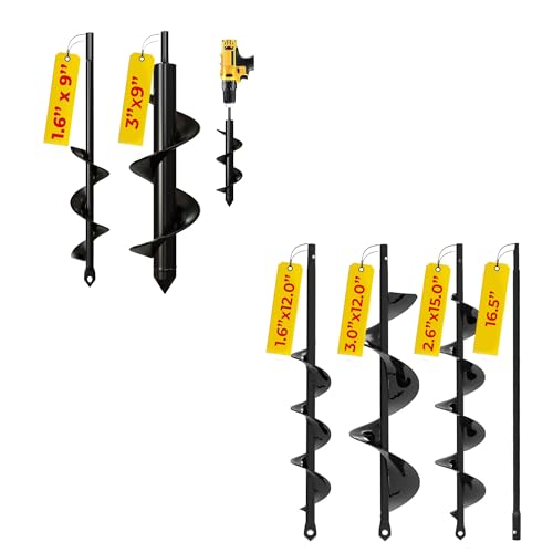 K-Brands 5 - Pack 1.6 x 9'' + 3 x 9'' + 3 Pack with Extension Auger Drill Bit for Planting– Garden Spiral Hole and Bulb Planter Tool for Umbrella Holes - Compatible with 3/8 Inch Hex Drive