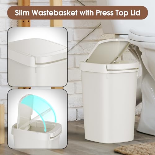 CEROELDA 3 Pack Bathroom Trash Can with Lid, 10L/2.6 Gal Small Garbage Can with Press Top Lid, Slim Plastic Waste Basket for Toilet, Office, Bedroom (White, 3 Pack) - color: 3 Pack-White