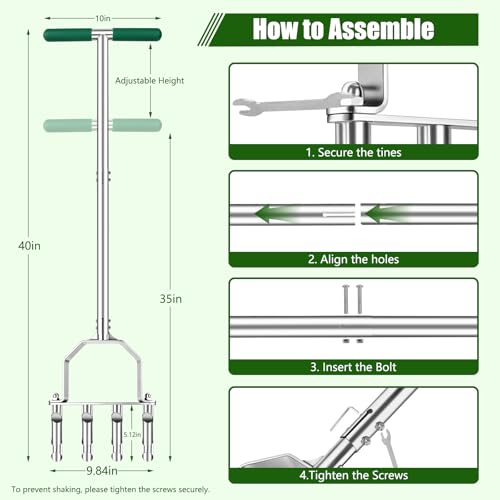 Stainless Steel Aerator Lawn Tool, Manual Core Aerator with 4 Hollow Tines