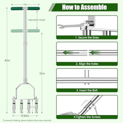 Stainless Steel Aerator Lawn Tool, Manual Core Aerator with 4 Hollow Tines