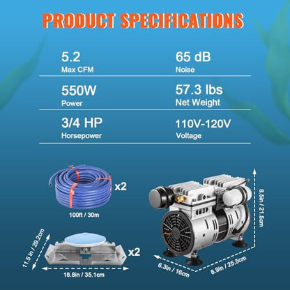 VEVOR Pond Aerator, 550W Power, 5.2CFM for Up to 3 Acre 50' Lake, Includes 3/4 HP Compressor & 2 100' Weighted Tubings & 2 Diffusers, Air Compressor for Deep Water Oxygen Circulation - size: 2 diffusers