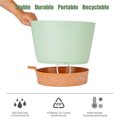 SwinDuck 12inch Large Self Watering Plant Pot, Plastic Cylinder Planter with 60Oz Deep Reservoir and Saucer for Indoor Outdoor Plants Flowers Houseplants, Green with Brown - color: Green With Brown