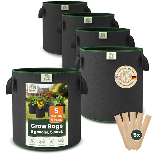 Mabel's Gardening 5-Pack 5 Gallon Grow Bags - Garden Planting Bags 11.0 x 12.2 INCH Made of 8.85 oz/yd² (300g/m²) Felt & Fleece Fabric Plant Pot, Plant Bag, Grow Bag for Strawberry Chilli Tomato - color: 5-pack, size: 5 Gallon