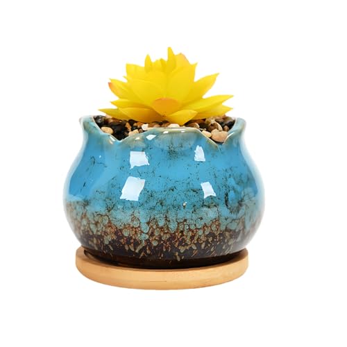 Cute 4" Round Ceramic Home Garden Decoration Succulent Cactus Flower Pots Container -Plant Not Included，Blue - color: Blue