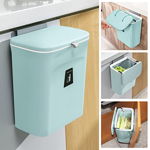 Tiyafuro 2.4 Gallon Kitchen Compost Bin for Counter Top or Under Sink, Hanging Small Trash Can with Lid for Cupboard/Bathroom/Bedroom/Office/Camping, Mountable Indoor Compost Bucket (Blue) - color: Blue