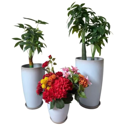 24,21,11 Inch Large Plastic Planters with Drainage Hole and Saucer - Set of 3 Tall Plant Pots Indoor Flower Pot Tall Round Planters Outdoor Large Tall Planter - color: Off-white