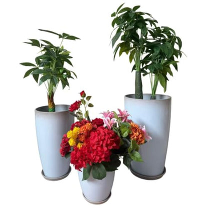 24,21,11 Inch Large Plastic Planters with Drainage Hole and Saucer - Set of 3 Tall Plant Pots Indoor Flower Pot Tall Round Planters Outdoor Large Tall Planter - color: Off-white