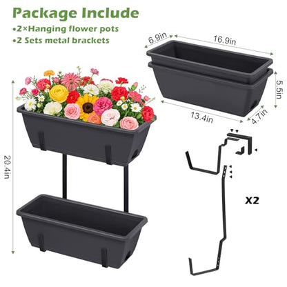Railing Planter Box 2 Pack Rectangular Window Boxes Planters with Double Adjustable Brackets, Balcony Deck Railing Hanging Planters Herb Flower Pots for Indoor Outdoor Plants Garden Fence Rail - color: Gray