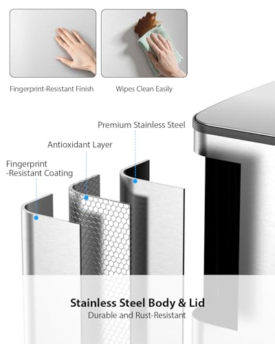 Lovewind Dual Trash and Recycling Bins for Kitchen, 2 * 11-Gallon Stainless Steel Double Trash Can, Step-On Garbage and Recycle Combo, Quiet Close, Pet-Proof, Compatible with 13-Gallon Bags, Silver - color: Silver, size: 2 x 11 Gallon