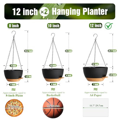 12 Inch Large Self Watering Hanging Planters 2 Pack with Saucers - color: Black Brown, size: 12 Inch 2 Pack
