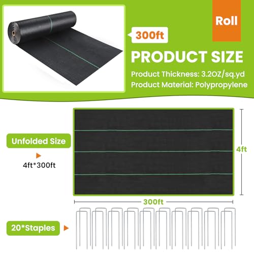 Weed Barrier Fabric, 4FTx300FT 3.2oz Landscape Fabric - size: 3.2OZ-4X300FT