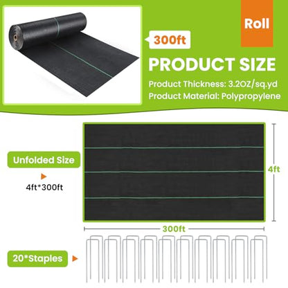 Weed Barrier Fabric, 4FTx300FT 3.2oz Landscape Fabric - size: 3.2OZ-4X300FT