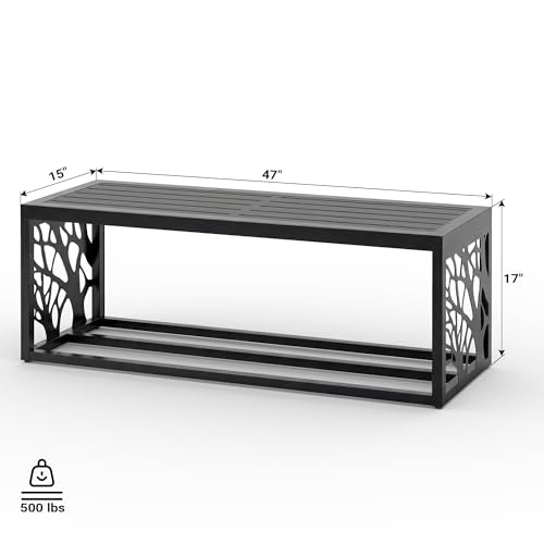 47" Outdoor Storage Bench, HDPE Seat, Steel Frame, Tree - style: Tree of Life