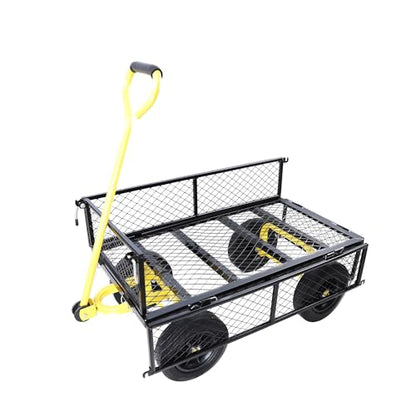 Metal Utility Wagon with 10" Solid Large Wheels 500 Lbs Capacity Heavy Duty Wheel Barrow Mesh Steel Garden Wagon Cart Dump Cart Pullable with 180° Rotating Handle Removable Sides (Black & Yellow) - color: Black & Yellow