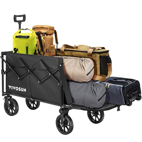 VIVOSUN Collapsible Wagon with Tailgate, 320lb Load-Bearing Outdoor Utility with All-Terrain Wheels, Adjustable Handle, Cup Holders for Camping, Shopping, Garden, Sports, Picnic, Black - style: Rear Door Style