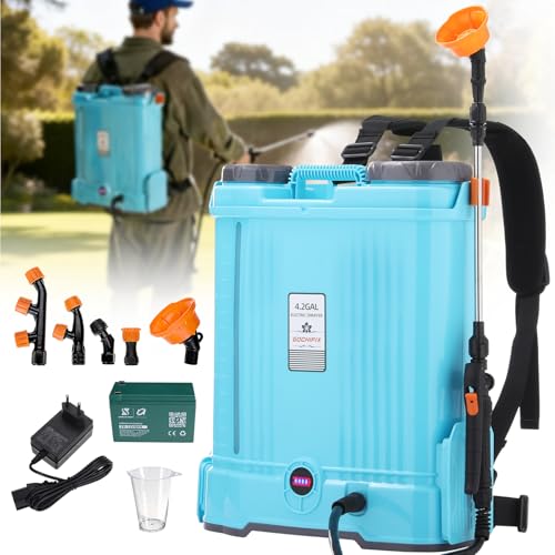 Backpack Garden Sprayer, 4.2 Gallon Electric Weed Sprayer w/ 5 Nozzles, Stir & Pressure Adj, Telescopic Wand, Battery Indicator, Battery Powered Rechargeable Auto Pump Sprayer for Yard, Lawn